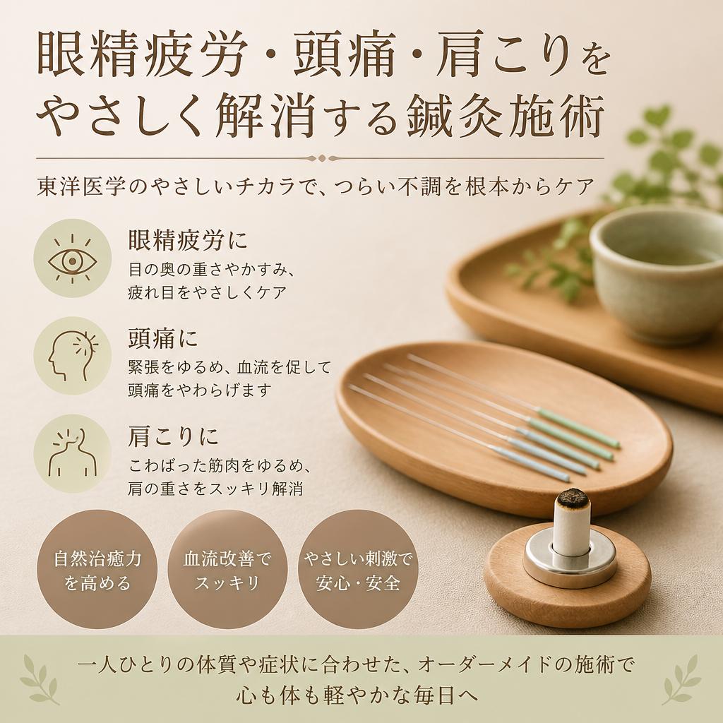 【眼精疲労・頭痛・肩こり】をやさしく解消する鍼灸施術　お悩みの方は、横須賀市大津町にあるつぼみ鍼灸院まで！