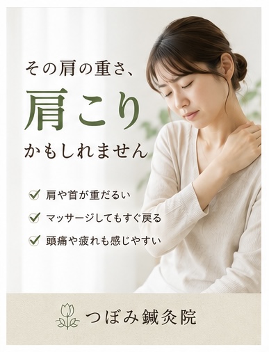 【肩こりでお悩みの方！】　横須賀市で肩こりでお悩みの方は「つぼみ鍼灸院」まで！